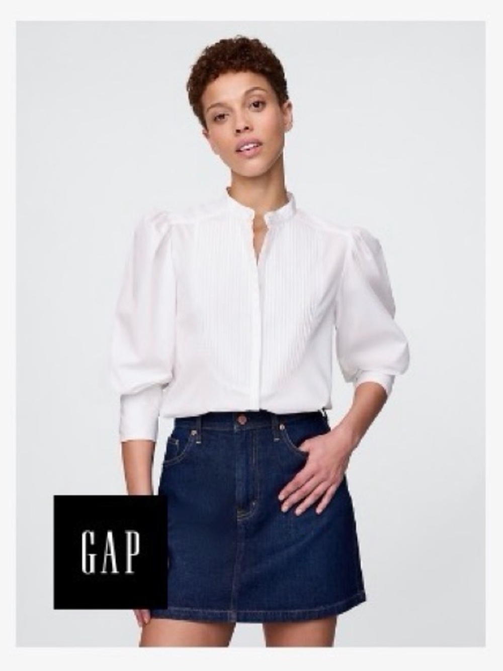 GAP White Pintuck High-Neck Blouse with Puff Sleeves
